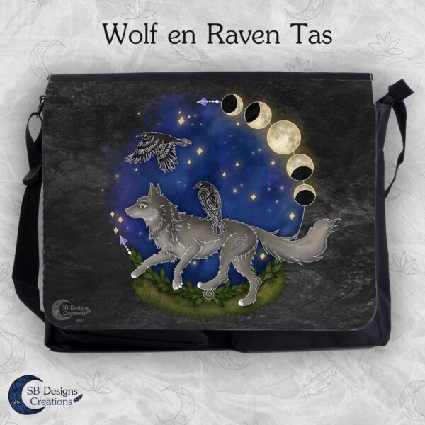 Wolf met Raven grote schooltas-dieren schoudertas-wolf art